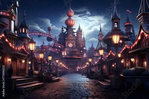 Fairy tale city at night with lanterns and fairground rides