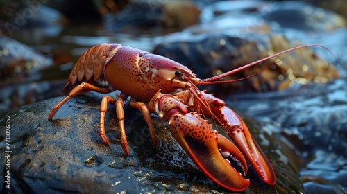 Red lobster fish animal close up view on the river stone. AI generated image photo