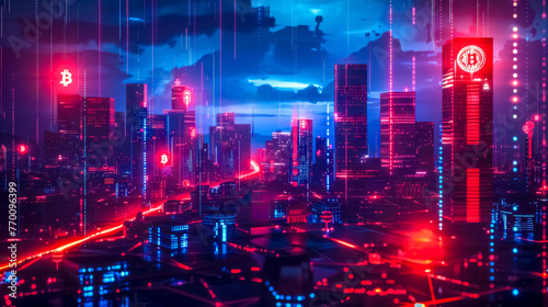 Futuristic cityscape with cryptocurrency symbols