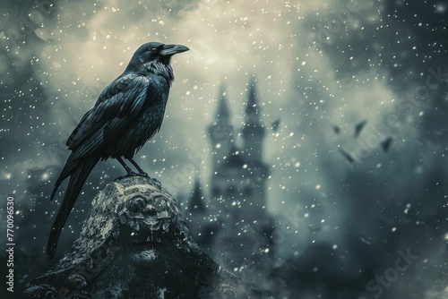 A mysterious crow in a wizard cloak perched on a castle tower in a dark and mystical setting, perfect for fantasy tales and magic products.