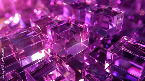 3d rendering crystal cubes blocks with holographic purple color background. AI generated image