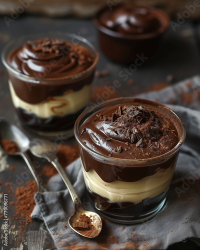 Chocolate and vanilla pudding with crumbs in a glass