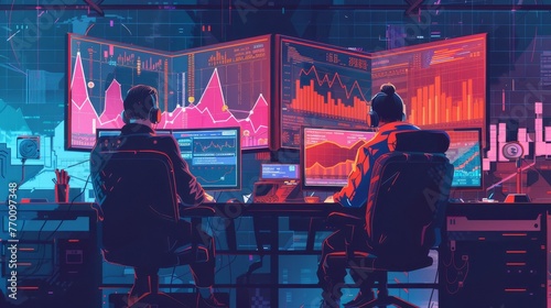 Cyberpunk economy, big monitors with vital graphs showing a bad trend in stoks, pain, financial failure, illustration, flat design, concept, hackers 