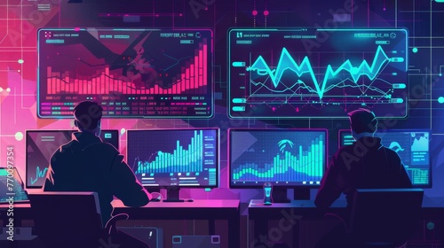 Cyberpunk economy, big monitors with vital graphs showing a bad trend in stoks, pain, financial failure, illustration, flat design, concept, hackers 