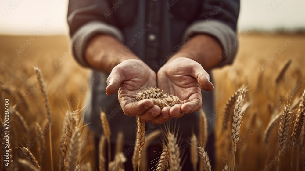 Hands of the grain-grower against a wheaten field - obrazy, fototapety, plakaty 
