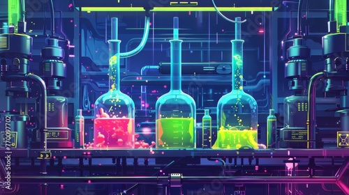 Cyberpunk lab, chemestry, glowing green viles, blue glass tubes, distilling pink, yellow and green glowing liquid, illustration vector, flat design, concept, multiple levels, portrait