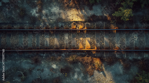 Top view of railroad tracks with yellow plants growing between the sleepers photo