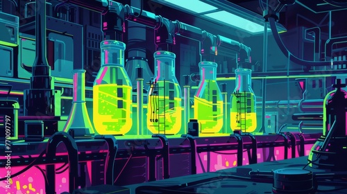 Cyberpunk lab, chemestry, glowing green viles, blue glass tubes, distilling pink, yellow and green glowing liquid, illustration vector, flat design, concept, multiple levels, portrait photo