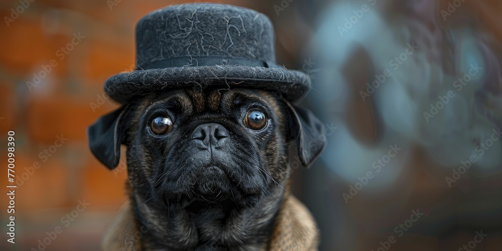 A charming pug sporting a bowler hat against a vintage London backdrop, perfect for showcasing British-inspired products and pet outfits.