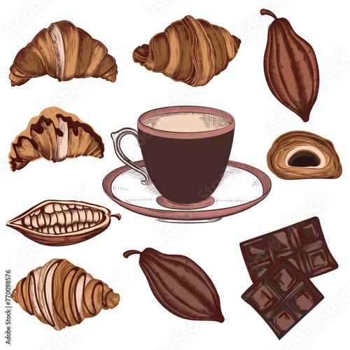 Set of vector hand drawn croissants, cacao beans,chocolate and mug