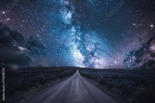 A majestic portrayal of a star-filled sky above an open road, inviting on a journey of discovery into the vastness of the universe