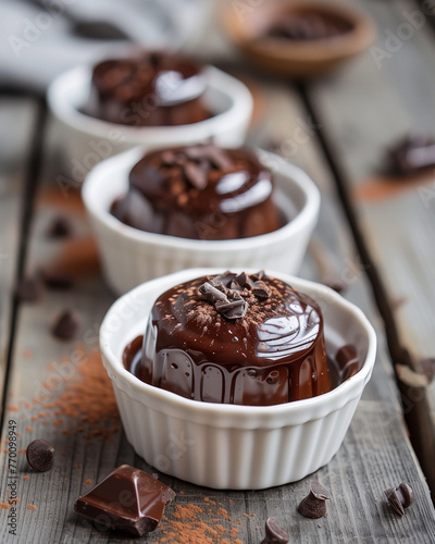 Chocolate souffles with dressing and scrumbs in a white molds on a wooden table