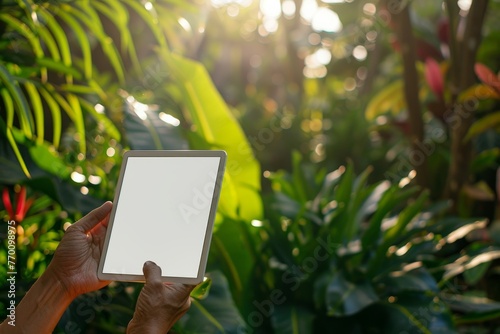 Person holds a digital tablet with a blank screen in tropical surroundings, highlighted by sunbeams and green foliage
