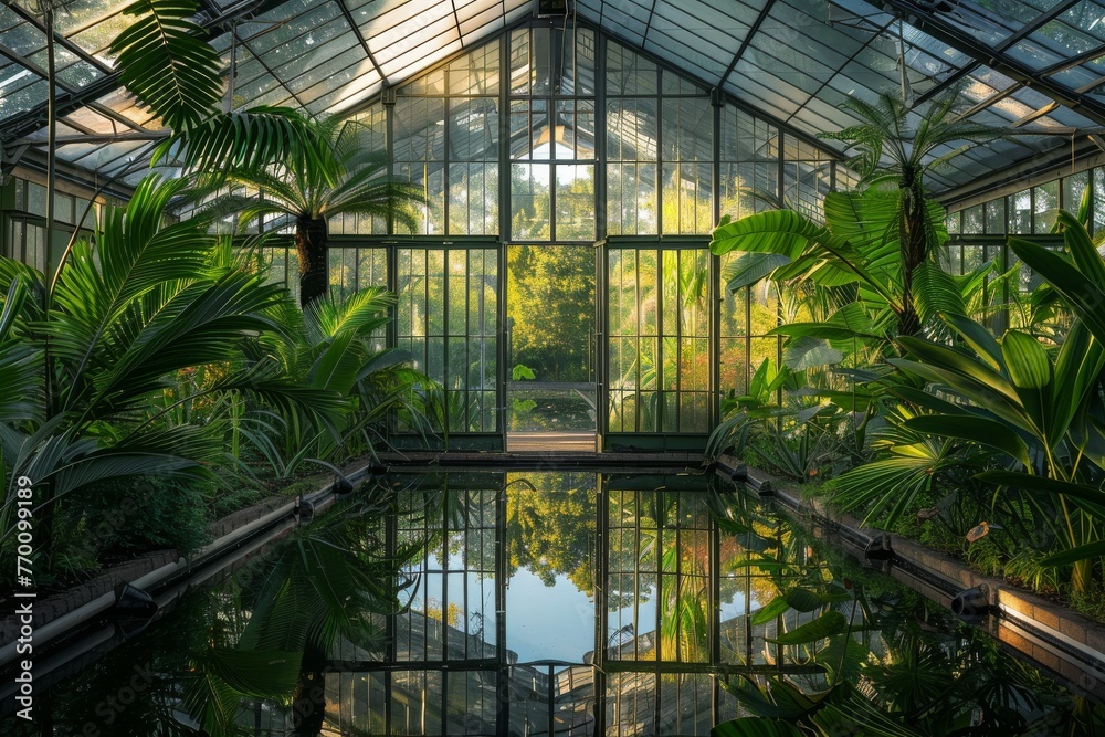 An immersive visual experience of a tropical greenhouse, with a tranquil water feature mirroring vibrant plant life An immersive visual experience of a tropical greenhouse, with a tranquil water feature mirroring vibrant plant life