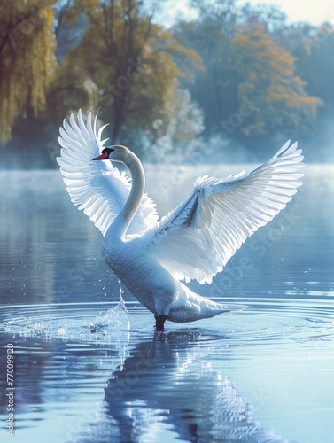 Fototapeta Naklejka Na Ścianę i Meble -  Capture the grace of a ballet swan by the serene lakeâ€”a perfect image for dance accessory product displays and arts school promotions.