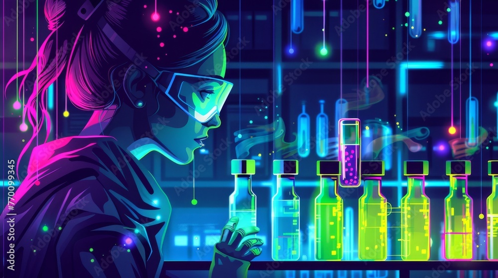Cyberpunk lab, portrait of a female scientist, chemestry, glowing green viles, blue glass tubes, distilling pink, yellow and green glowing liquid, illustration 