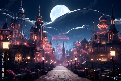 Fantasy city at night with full moon and stars. 3d illustration