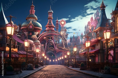 Fantasy city at night. 3D rendering, 3D illustration. photo