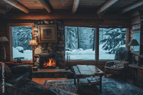 A cozy winter log cabin scene with a roaring fireplace and plush furniture surrounded by a snowy landscape