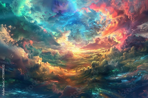 A surreal and colorful abstract depiction of the sky with swirling patterns and a bright central light