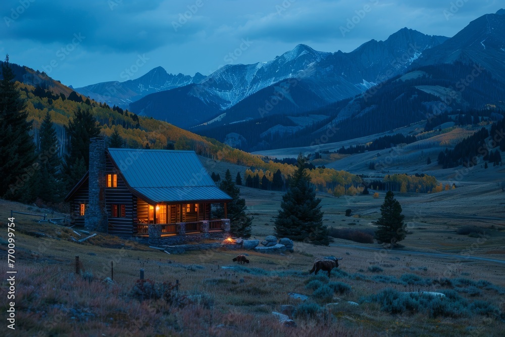 A remote cabin illuminated with warm lights amidst mountains during the serene blue hour