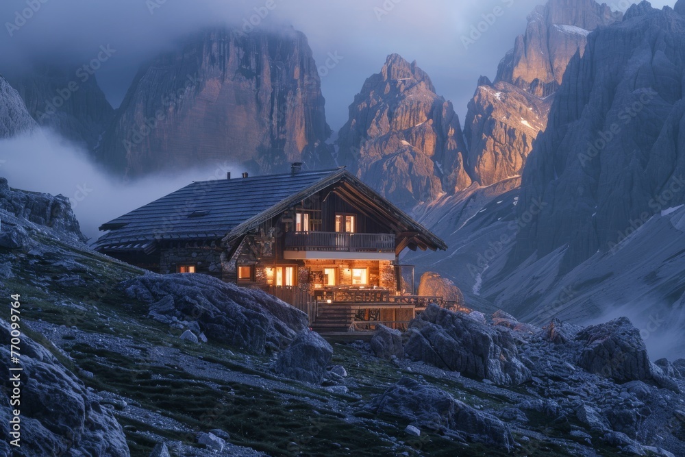 A dramatic alpine refuge hut with lights on against a backdrop of rugged mountain peaks