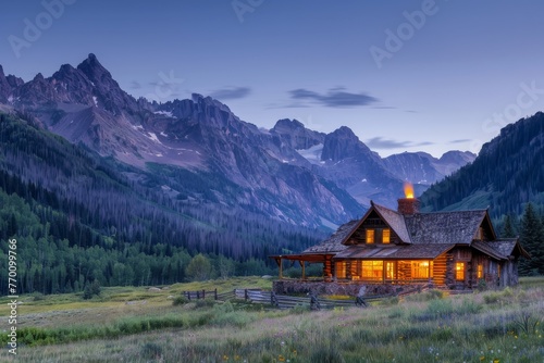 A quaint mountain cabin with warm lights turned on at dusk surrounded by rugged peaks