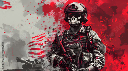  American soldier in uniform with skull face and guns vector