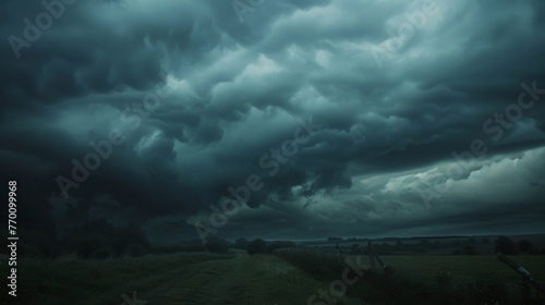 Thick dark clouds roll in over the countryside their ominous presence signalling the impending wrath of nature.