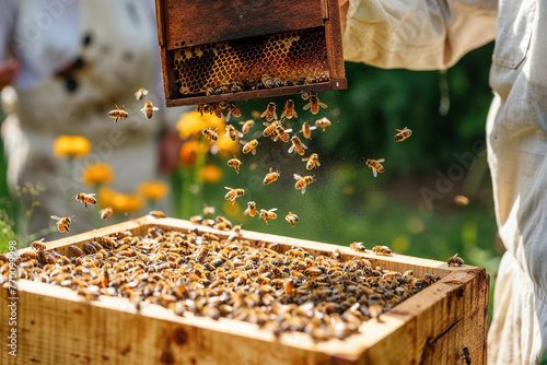 Anonymous beekeeper inspects a frame as bees take flight in a sunlit garden, showcasing the dynamism of an active hive. Generative AI