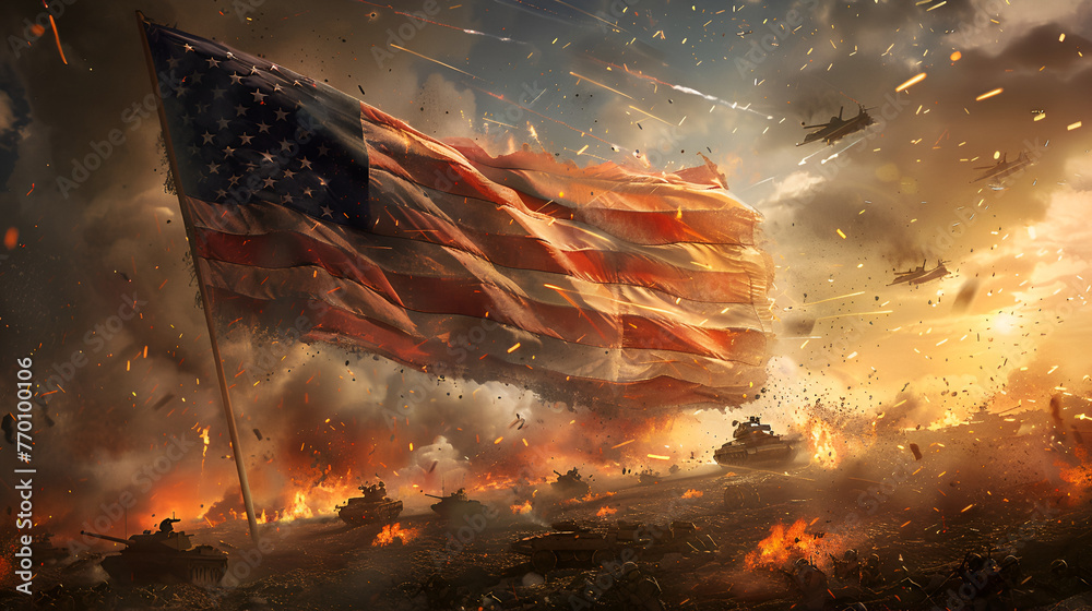  American flag waving majestically over a chaotic background - obrazy, fototapety, plakaty 