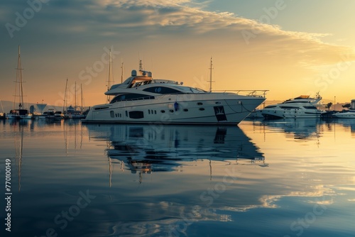 This stunning image captures a luxury yacht moored in a calm harbor against a backdrop of a beautiful sunset and reflections in the water © ChaoticMind