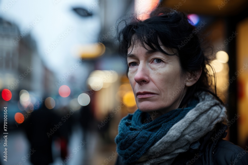 Portrait of a middle-aged woman on a city street at night