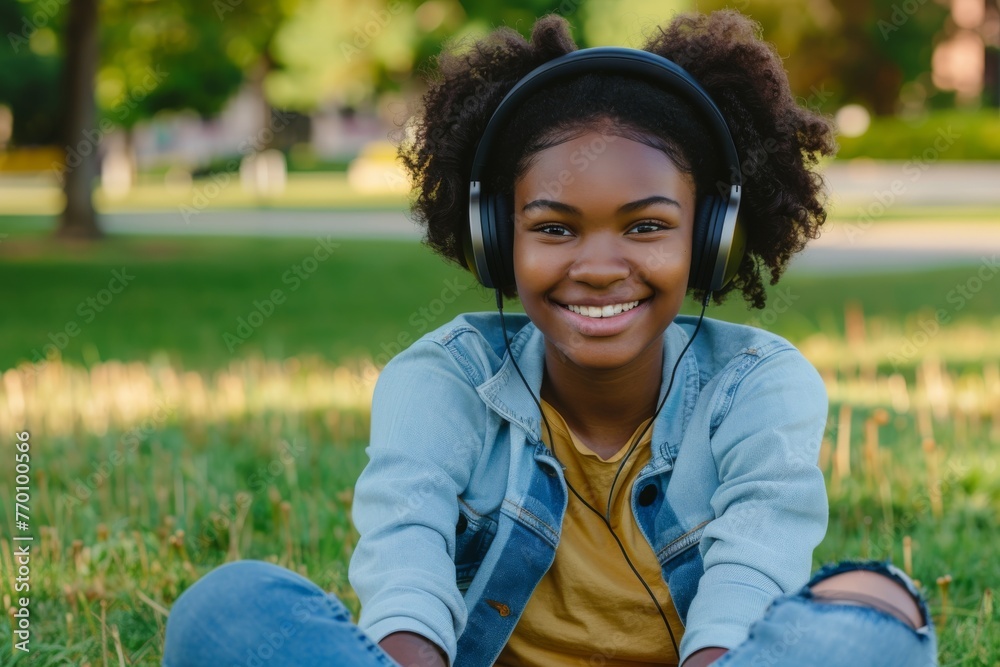 Cheerful young girl with headphones enjoying music while sitting on grass in a sunny park Cheerful young girl with headphones enjoying music while sitting on grass in a sunny park