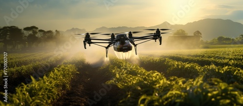 drone flies to spray fertilizer on fields