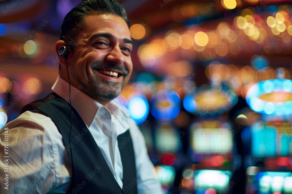 A cheerful male casino employee with headset in a vibrant casino setting