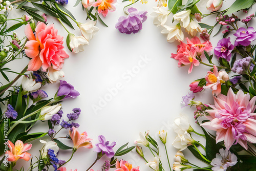 Frame with summer colorful flowers on light background. Mothers day  Easter  Valentine day. Springtime flat lay composition with copy space. Romantic backdrop for wedding greeting card  banner