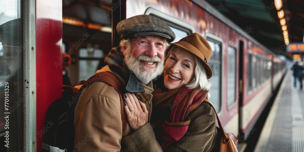 Cheerful senior couple ready to go travelling together. Retired man and woman waiting for a train on railway station. Active hobbies and leisure for older people.