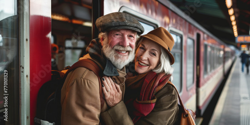 Cheerful senior couple ready to go travelling together. Retired man and woman waiting for a train on railway station. Active hobbies and leisure for older people.