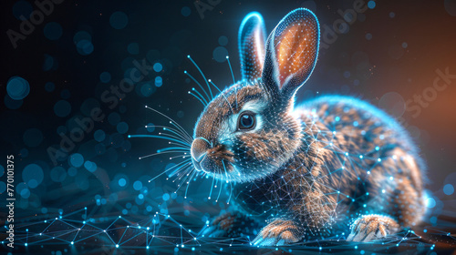 Futuristic digital Easter card with polygonal rabbit illustration. Cute cyber Easter bunny avatar