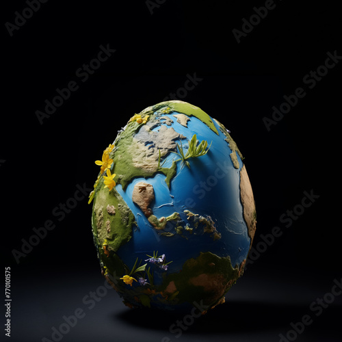 An egg-shaped living planet isolated on a dark background