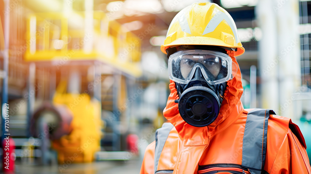 Gas Mask Worker Standing in Factory Gas Mask Worker Standing in Factory