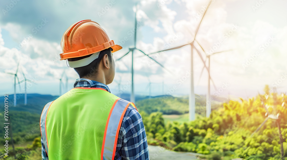 Engineer Working at Wind Turbines in Rural Landscape Engineer Working at Wind Turbines in Rural Landscape