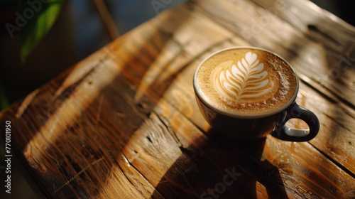 Coffee cup with latte art, on a rough wooden table in a cafe. Soft lighting, golden hour.