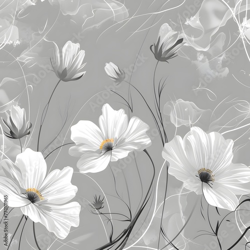 Gray background with soaring flowers. Floral background. Spring.