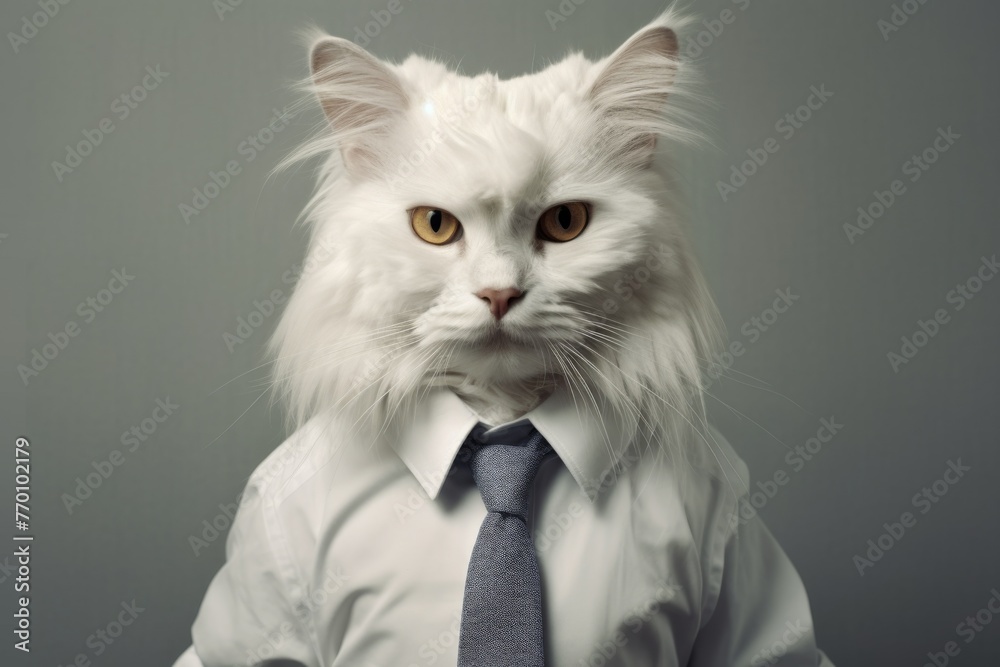 tired cat as an office manager in white shirt with a white hair