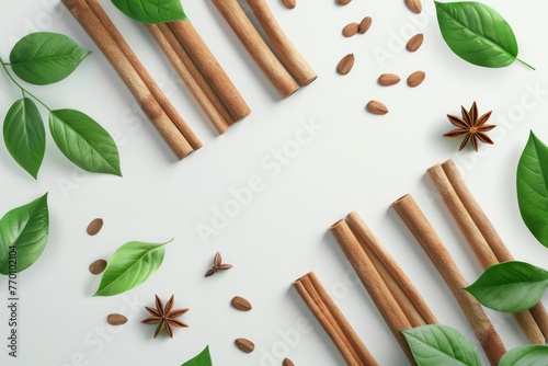 Cinnamon Sticks, Star Anise, and Green Leaves on White Surface photo
