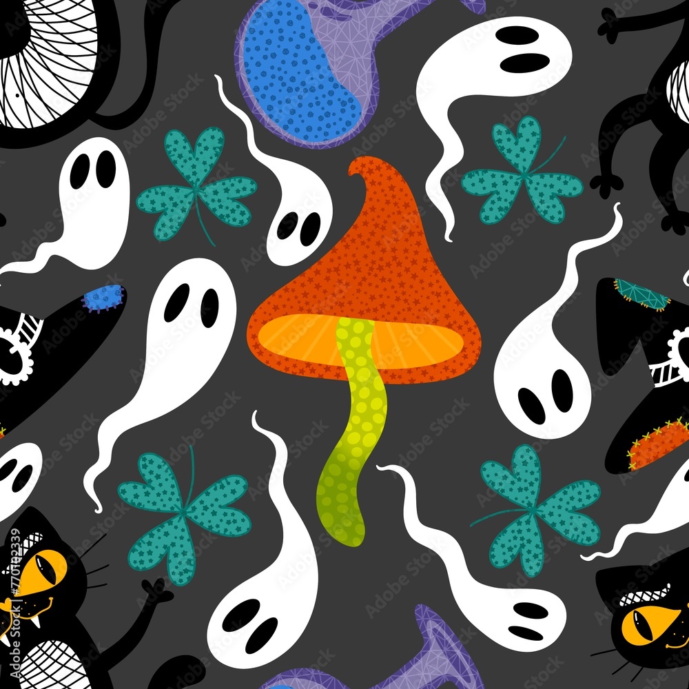 Halloween black cat seamless witch cat and mushrooms and poison bottle pattern for wrapping and fabrics Halloween black cat seamless witch cat and mushrooms and poison bottle pattern for wrapping and fabrics