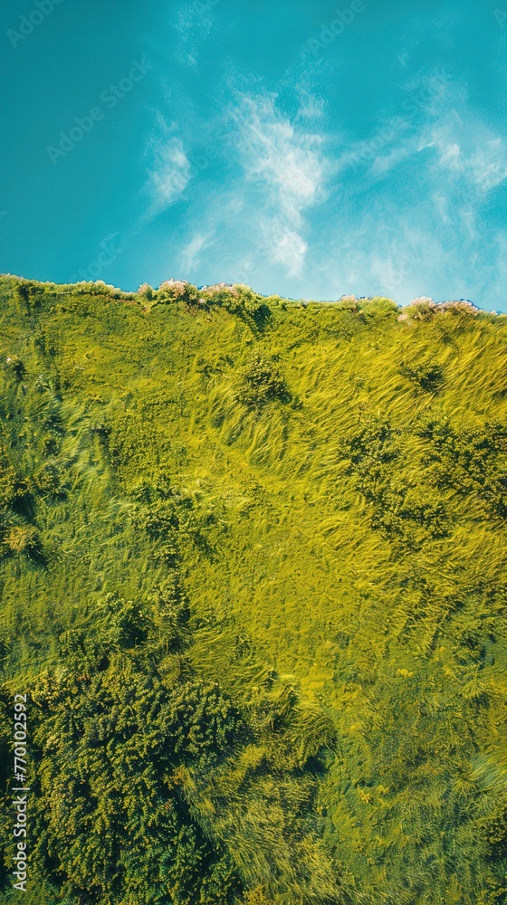 Fototapeta premium Lush green meadow under a clear blue sky, vibrant colors, drone view, high detail 