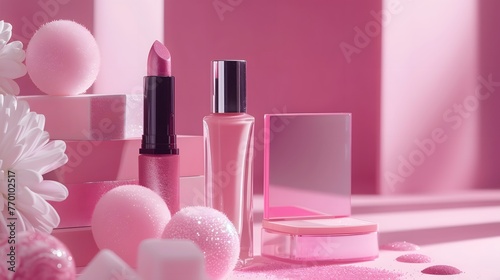 Makeup products and decorative cosmetics on pink background. Beauty and fashion concept. Makeup products and decorative cosmetics on pink background. Beauty and fashion concept. 